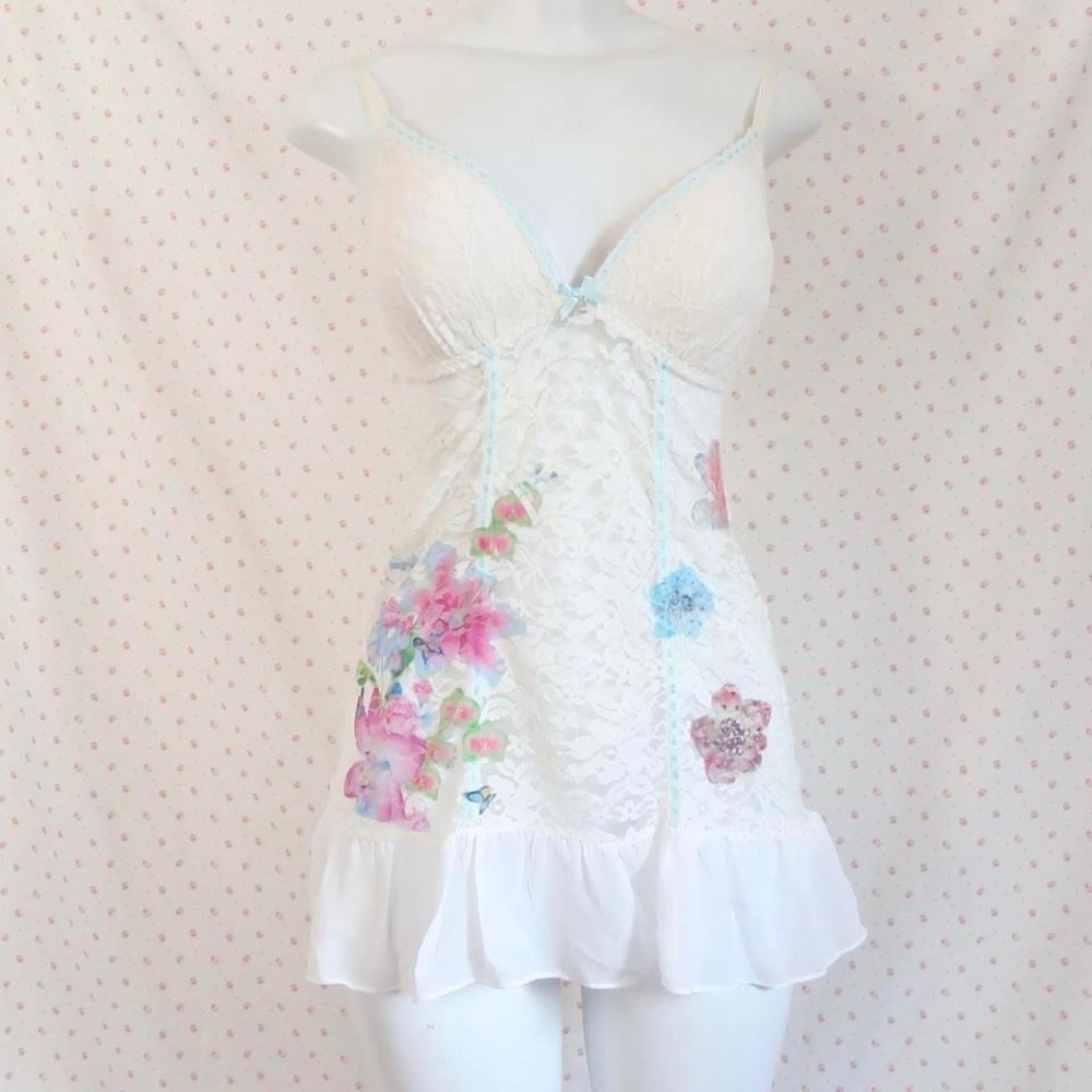 white lace babydoll cami floral sheer ruffle top coquette y2k